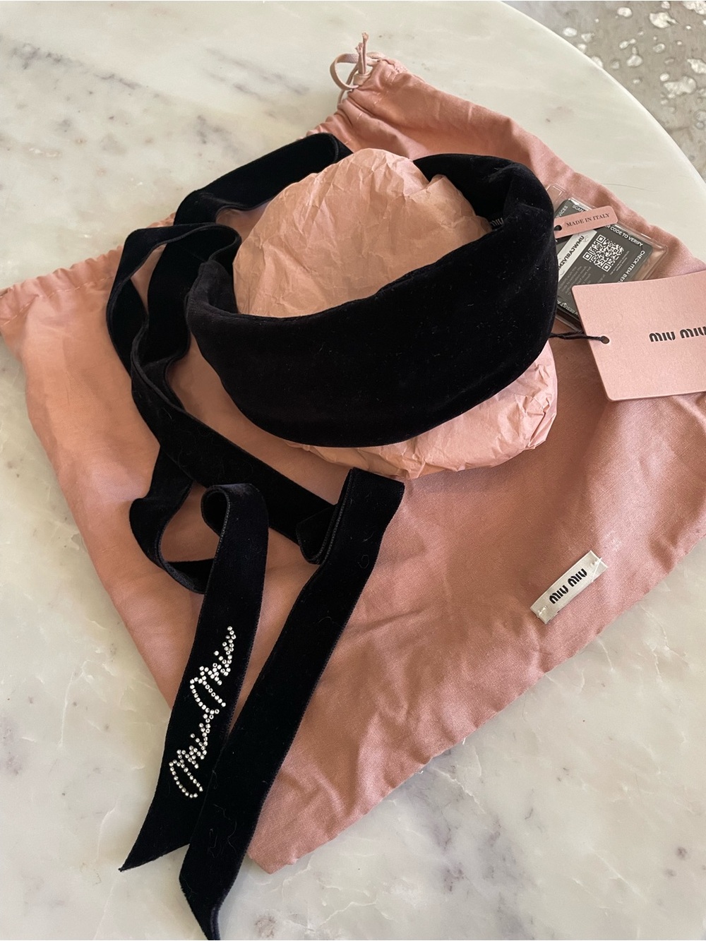 Miu Miu Black Velvet Headband with Ribbon Tie